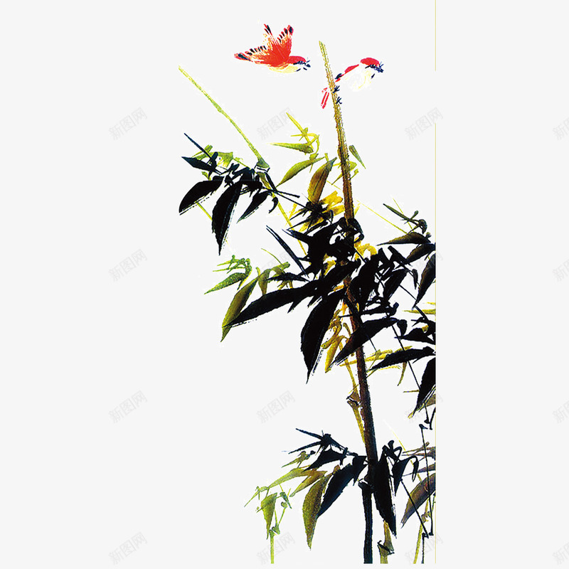 喜上枝头png免抠素材_88icon https://88icon.com 喜上枝头 喜鹊 小鸟 水墨 竹子