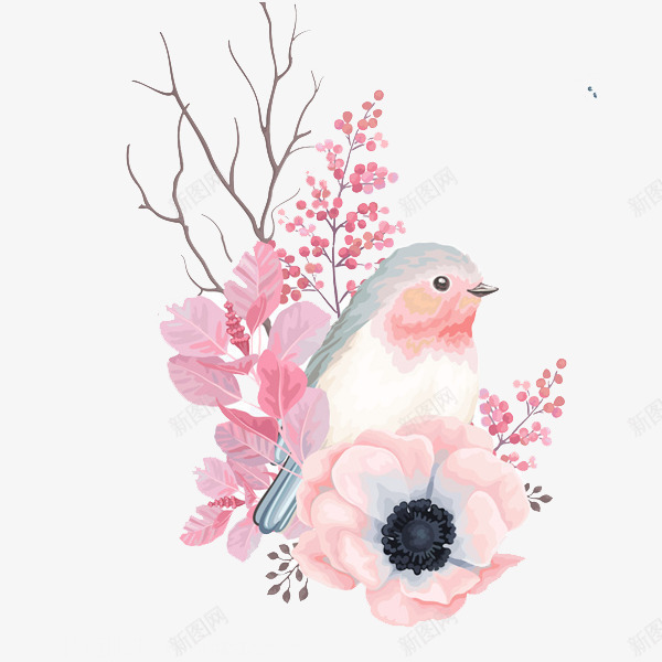 鲜花小鸟png免抠素材_88icon https://88icon.com 小鸟 树叶 树枝 鲜花