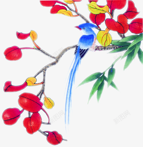 水墨绿叶红花蓝色小鸟png免抠素材_88icon https://88icon.com 小鸟 水墨 红花 绿叶 蓝色