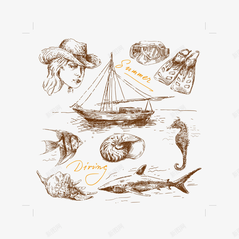 手绘线稿png免抠素材_88icon https://88icon.com 其他矢量 夏季 小船 手绘 手绘线稿素材 海滩 海螺 海马 潜水服 矢量素材 线稿 美女 船 草帽 高脚杯 鲨鱼
