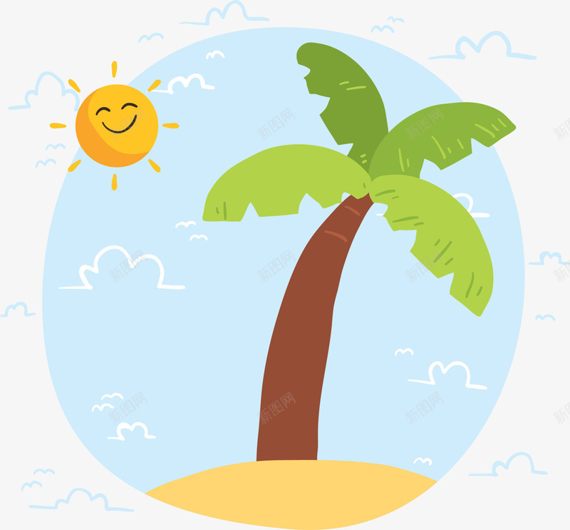 微笑卡通树木太阳png免抠素材_88icon https://88icon.com 圆形标签 夏天 夏季 岛屿 微笑太阳 树木 椰树