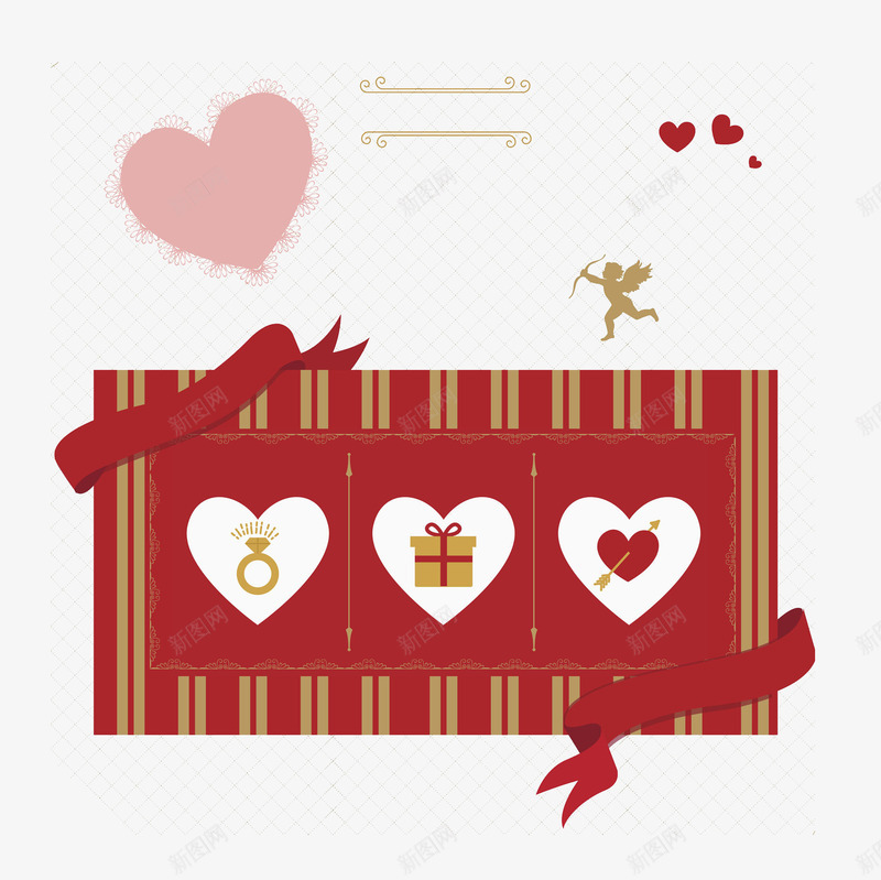 卡通红色贺卡图png_88icon https://88icon.com 丘比特 情人节标签 插图 爱心 红丝带 红色的