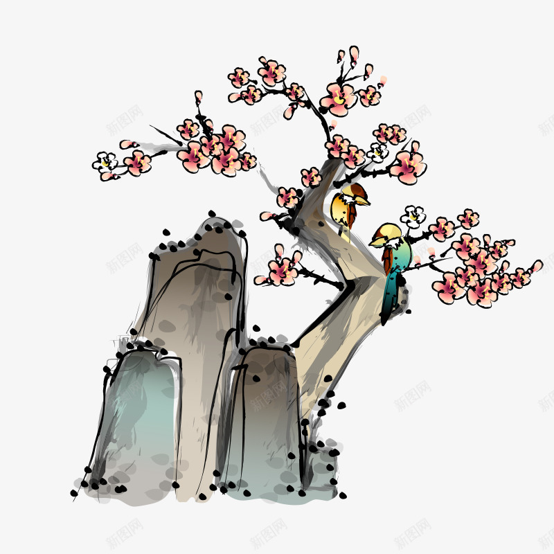 韩国水墨画韩国元素png免抠素材_88icon https://88icon.com 小鸟 水墨 水墨画 水彩 花 花朵 韩国 韩国元素 韩国水墨画