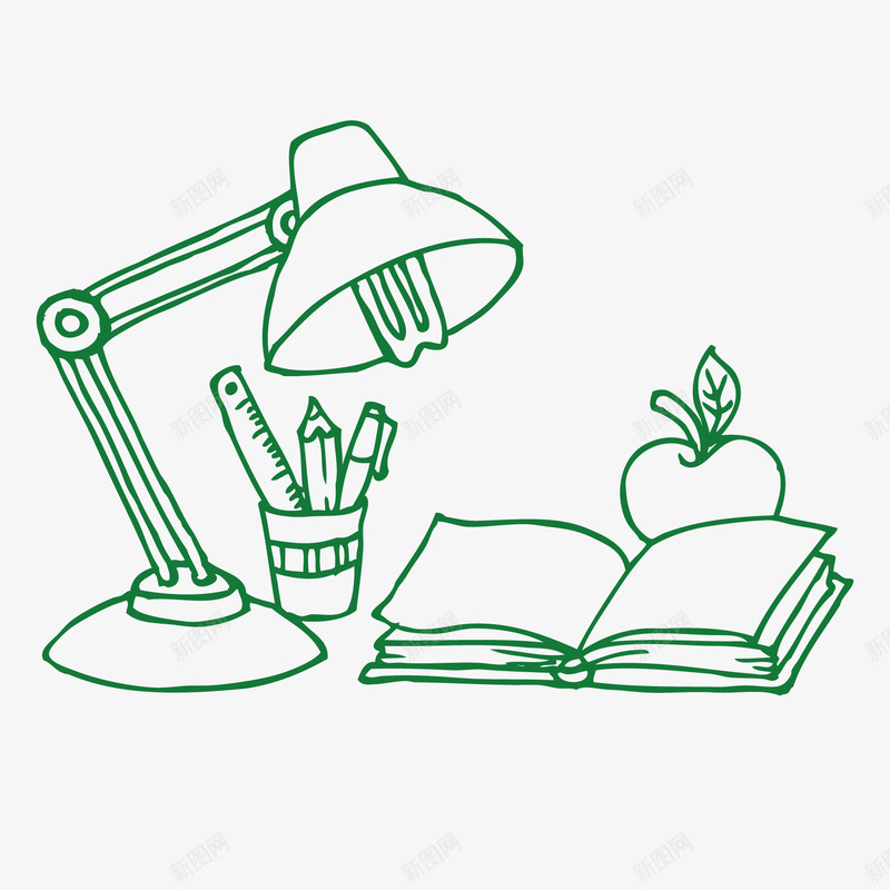 绿色线条手绘学习用品png免抠素材_88icon https://88icon.com 书本 台灯 线条台灯 绿色线条 苹果 铅笔