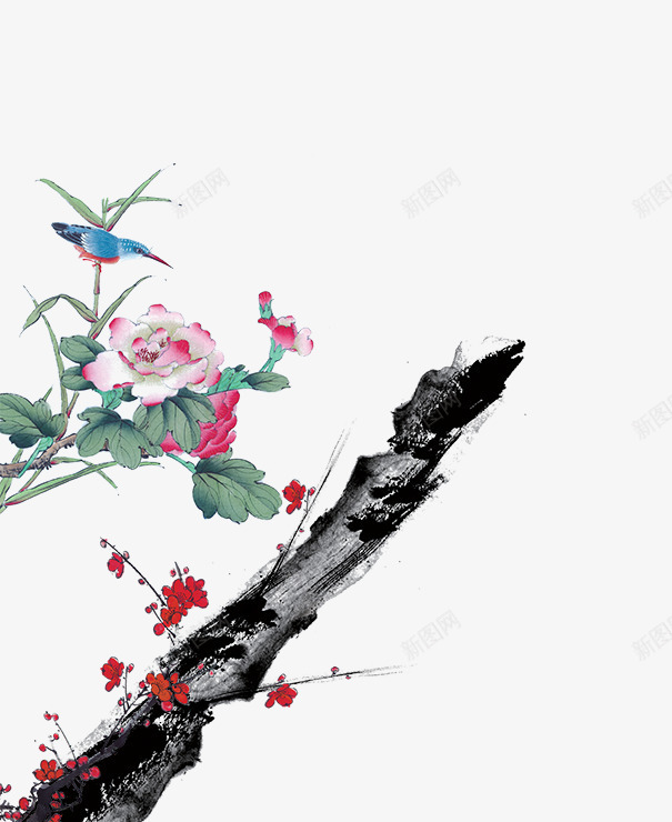 国画花鸟png免抠素材_88icon https://88icon.com 中国风 国画 小鸟 树干 花卉