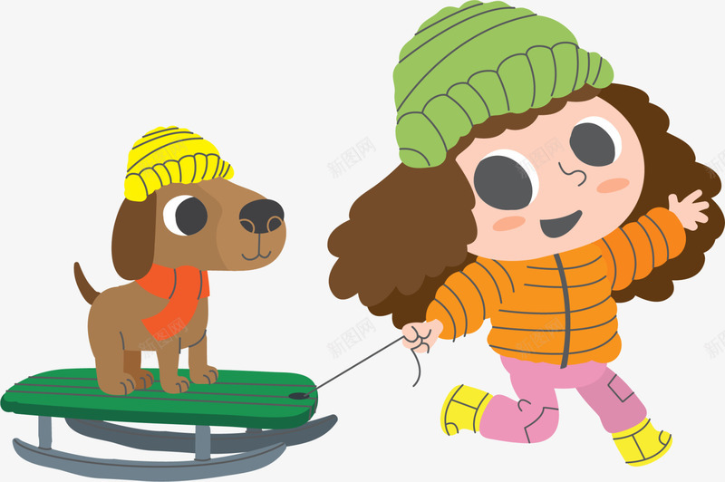 冬季拉着雪橇的小女孩png免抠素材_88icon https://88icon.com 冬季小女孩 可爱小女孩 开心 拉着雪橇的小女孩 绿色雪橇 黄色小狗