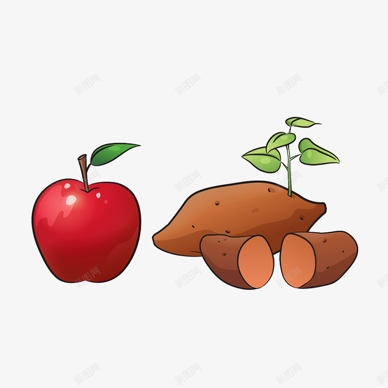 手绘红彤彤苹果地瓜psd免抠素材_88icon https://88icon.com 地瓜 地瓜叶 手绘五谷杂粮 水果 粗粮 红彤彤苹果 绿叶
