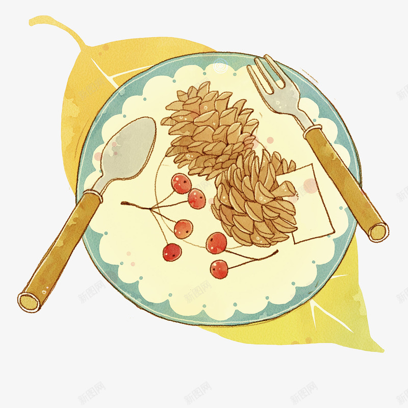 盘子和水果png免抠素材_88icon https://88icon.com 创意的 勺子 卡通 叉子 手绘 树叶 樱桃 盘子