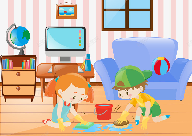 孩子们打扫地板png免抠素材_88icon https://88icon.com 地球仪 孩子们 打扫地板 擦地 桌子 沙发 相框 窗户