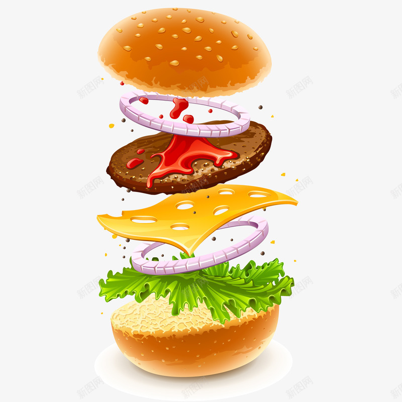 蔬菜肉汉堡卡通插画矢量图ai免抠素材_88icon https://88icon.com 卡通插画 奶油 快餐 美味 肉片 蔬菜 食物 矢量图