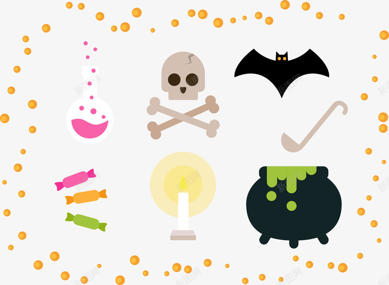 万圣节矢量图ai免抠素材_88icon https://88icon.com 糖果 骷髅 魔法药水 矢量图