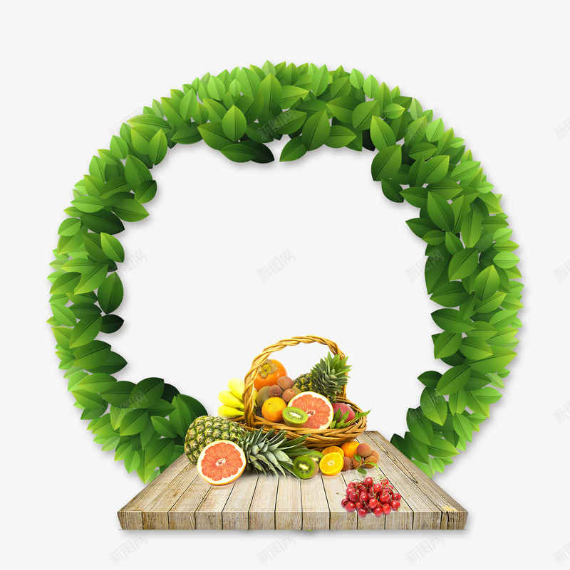 绿叶装饰菜板瓜果psd免抠素材_88icon https://88icon.com 柠檬 樱桃 猕猴桃 瓜果 绿叶 绿色 菜板 菠萝 西柚