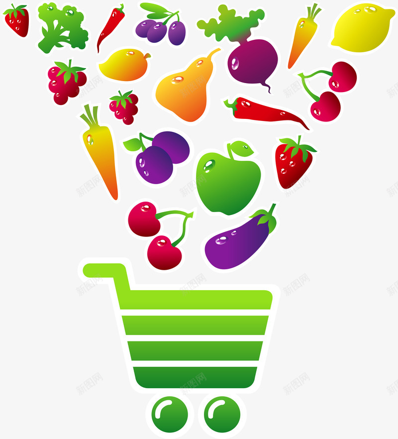 蔬菜水果购物车矢量图ai免抠素材_88icon https://88icon.com 标志 标签矢量 标签矢量素材 水果蔬菜 胡萝卜 草莓 购物车 矢量图