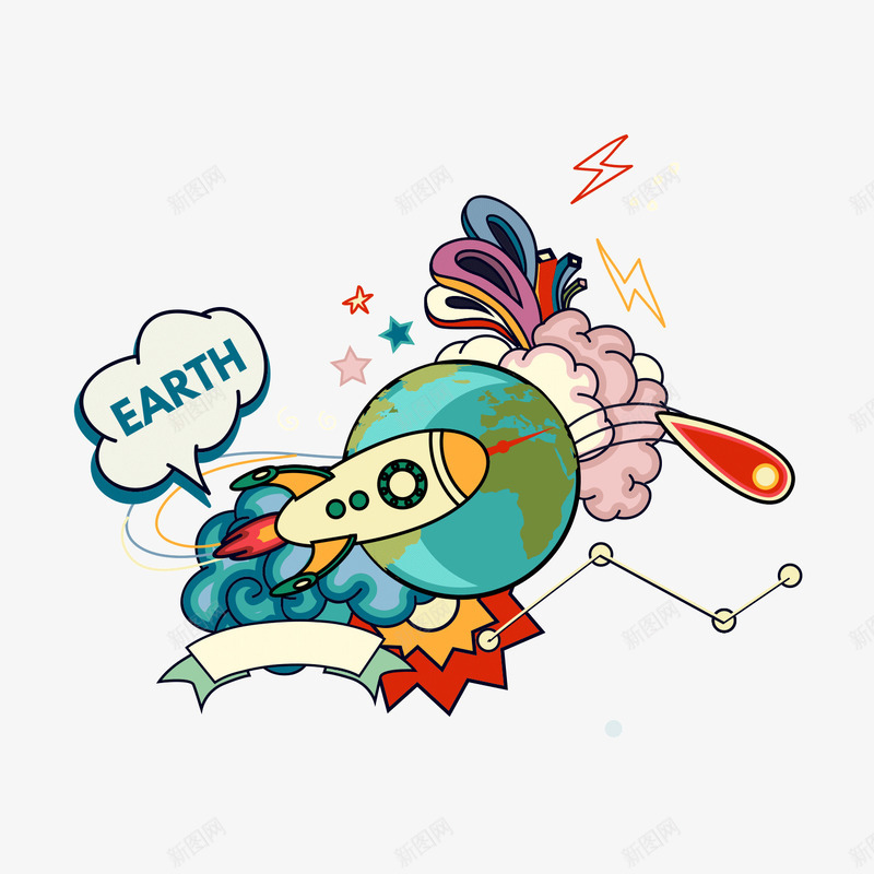 飘带和火箭手绘简图png免抠素材_88icon https://88icon.com 卡通 喷火 地球 手绘图 星球 火箭发射 飘带