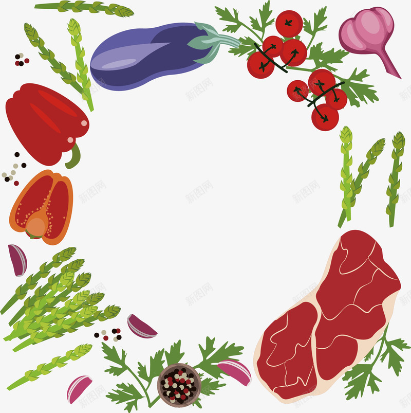 彩色的蔬菜和肉矢量图ai免抠素材_88icon https://88icon.com 卡通 卡通肉类 卡通蔬菜 彩色 食物 矢量图