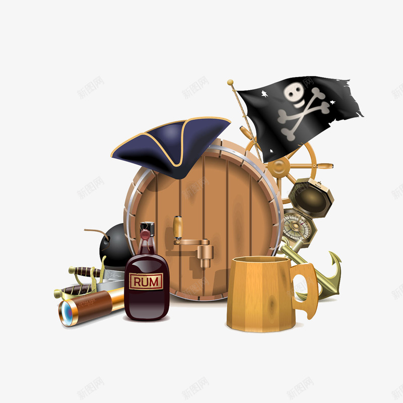 海盗主题插画png免抠素材_88icon https://88icon.com 啤酒 指南针 望远镜 酒桶
