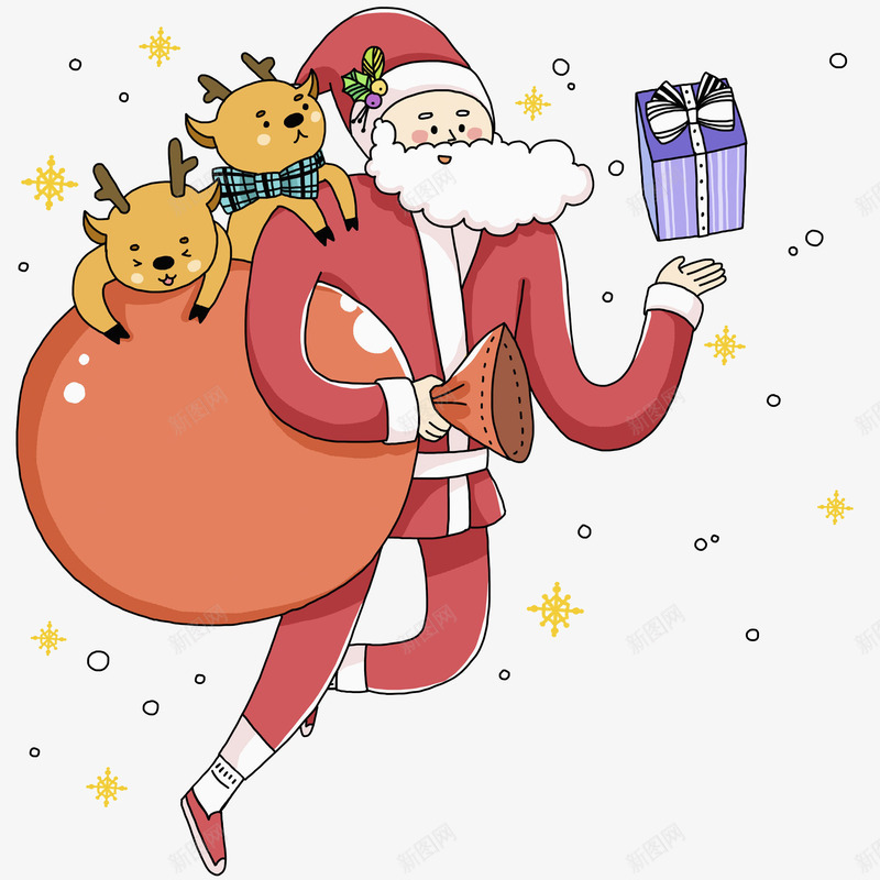 卡通背着包袱的圣诞老人图png免抠素材_88icon https://88icon.com 卡通 小鹿 插图 白胡子 礼品 红色的 雪花 高兴的