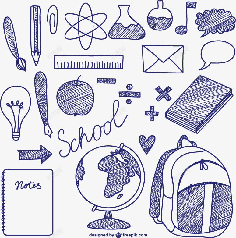 手绘学习用品矢量图ai免抠素材_88icon https://88icon.com 书包 地球仪 尺子 钢笔 矢量图