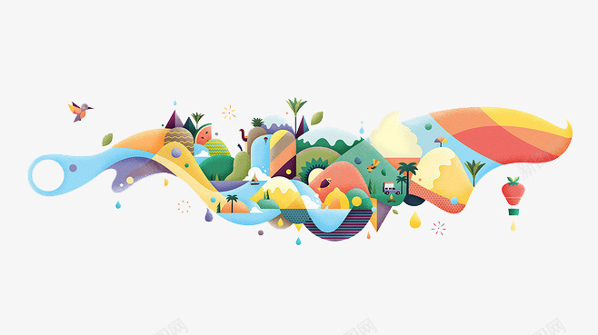 五彩缤纷png免抠素材_88icon https://88icon.com 五彩缤纷 卡通 山 手绘 插画 曲线 树 波浪