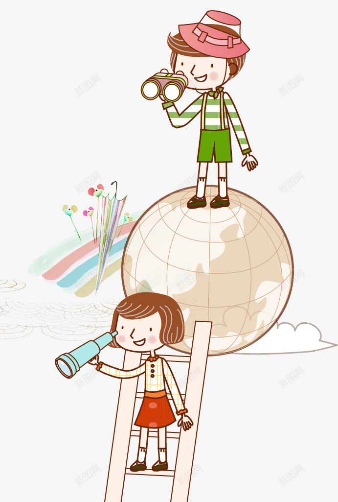 地球上的人png免抠素材_88icon https://88icon.com 云端 人物望远镜 地球 小孩子 彩虹 望远镜 雨伞