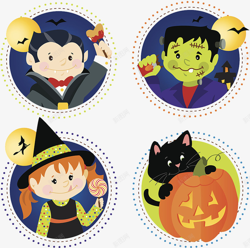 万圣节卡通头像png免抠素材_88icon https://88icon.com 万圣节卡通人物形象 僵尸 南瓜头 头像 小女孩 小孩子 搞怪装扮 海报设计 科学怪人 骗糖果 黑猫
