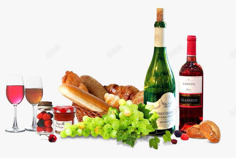 美食堆png免抠素材_88icon https://88icon.com 水果 红酒 绿葡萄 美食 美食堆 葡萄 酒杯 酒瓶 面包