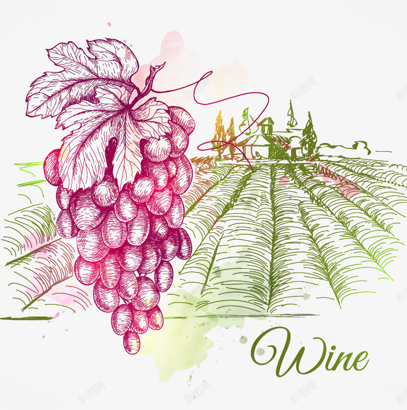手绘葡萄酒庄园矢量图eps免抠素材_88icon https://88icon.com 庄园 手绘 紫色 葡萄酒 矢量图