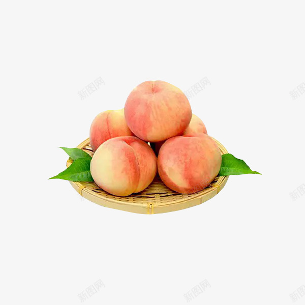 实物一盘新鲜桃子png免抠素材_88icon https://88icon.com 产品实物 新鲜 新鲜水果 桃子 白桃 竹盘子 红色 绿叶