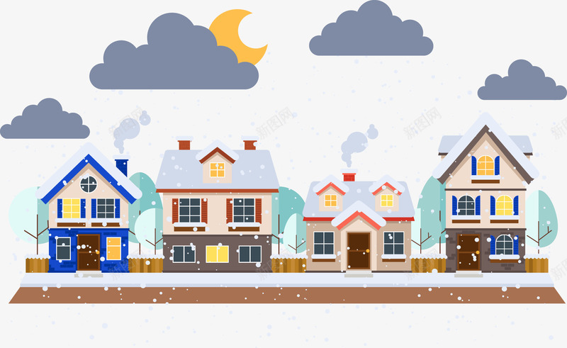 下雪的小村镇矢量图eps免抠素材_88icon https://88icon.com 小村镇 月亮 装饰 贺卡元素 雪花 矢量图