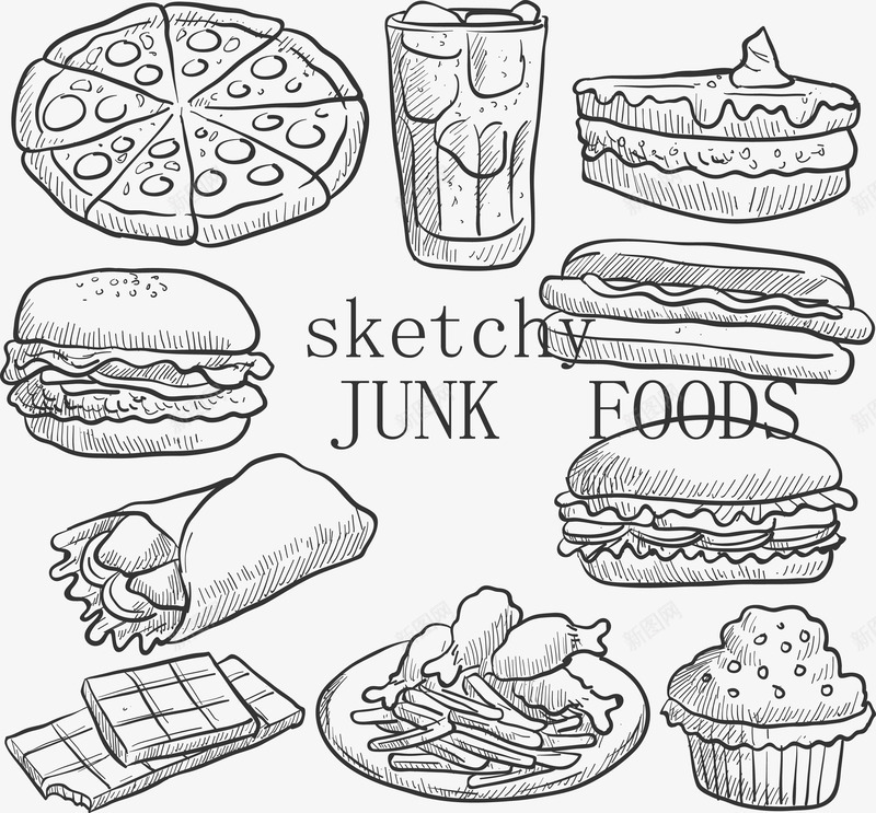 手绘快餐食品矢量图ai免抠素材_88icon https://88icon.com 快餐 手绘 线条 食品 矢量图