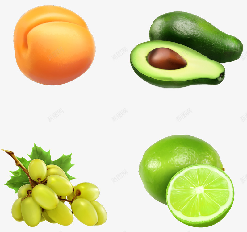 多款新鲜的实物水果矢量图eps免抠素材_88icon https://88icon.com 柠檬 水果 牛油果 葡萄 黄桃 矢量图