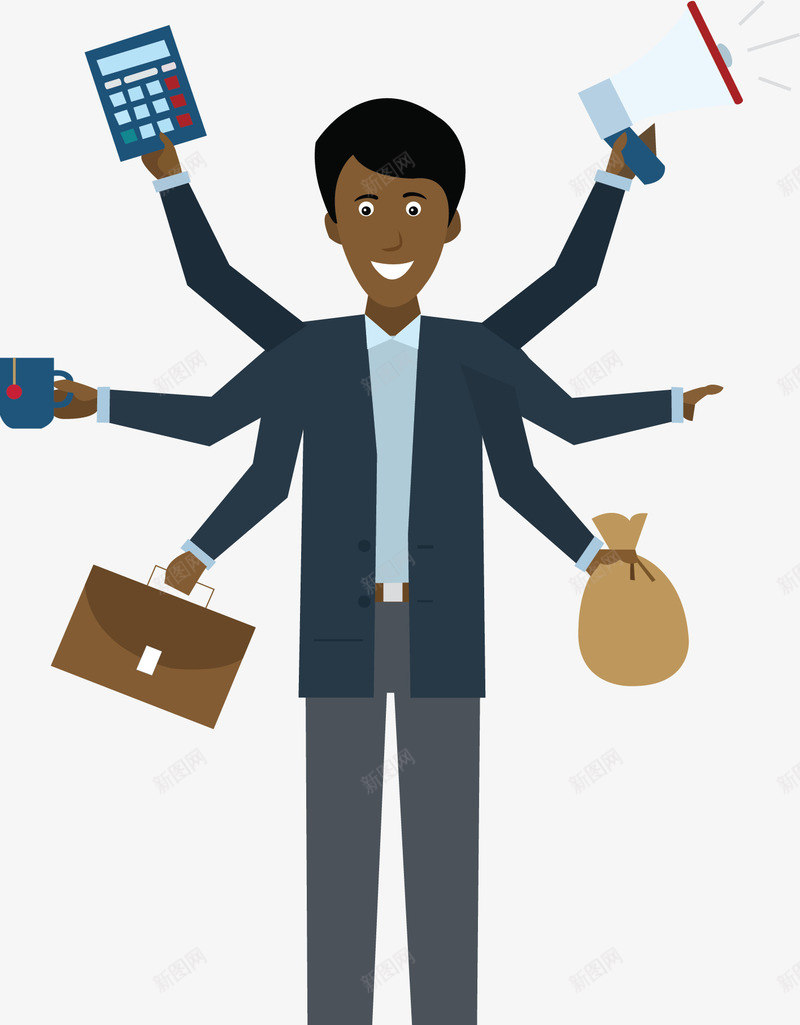 多线程处理事务的人矢量图ai免抠素材_88icon https://88icon.com 三头六臂 商务小人 多线程 矢量png 繁忙事务 繁忙工作 矢量图