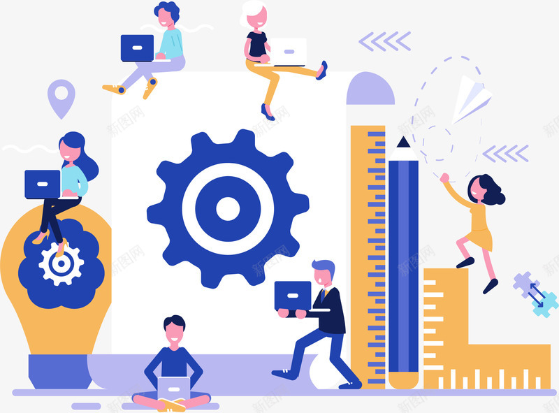 科技金融办公插画矢量图ai免抠素材_88icon https://88icon.com 办公 商务办公插画 尺子 时尚办公插画 灯泡 科技 金融 铅笔 齿轮 矢量图