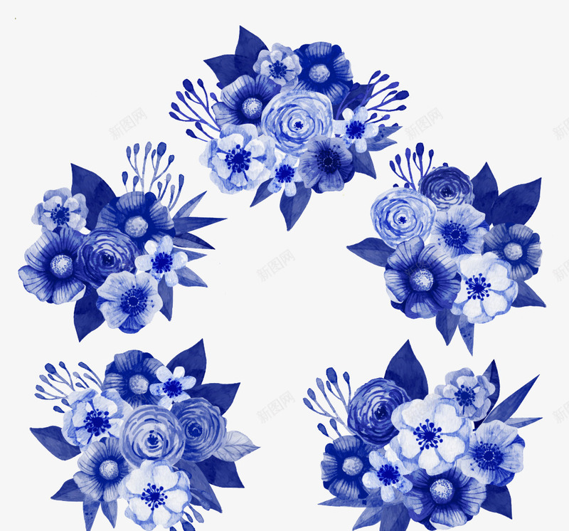 蓝色漂亮花朵psd免抠素材_88icon https://88icon.com 水彩 花朵 花束 蓝色