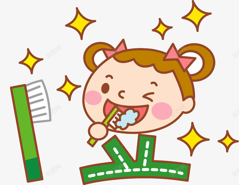 刷牙的女孩png免抠素材_88icon https://88icon.com 卡通 小女孩 星星 洗漱的 漂亮的 牙刷 绿色的