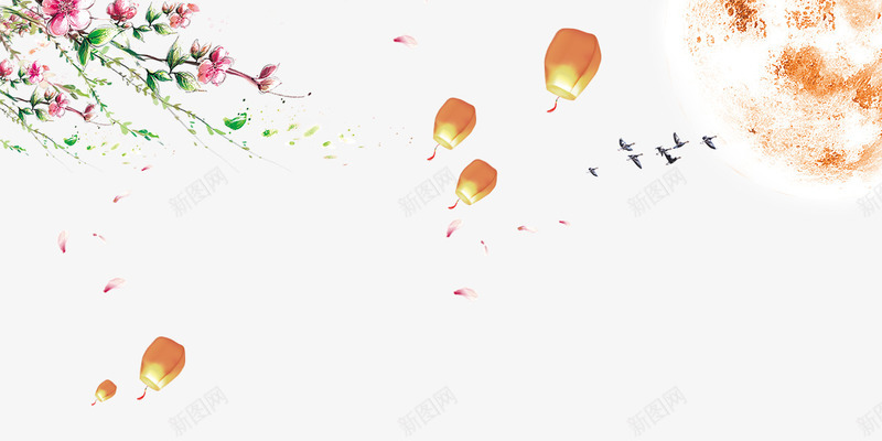 月亮孔明灯桃花鸟psd免抠素材_88icon https://88icon.com 孔明灯 月亮 桃花 节日元素 鸟