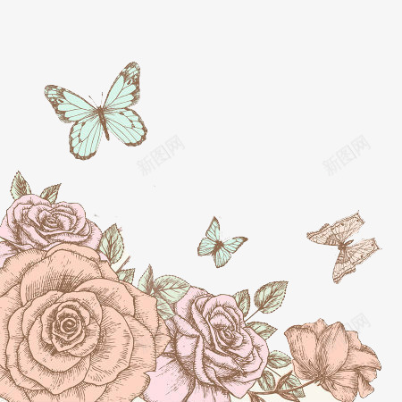 玫瑰花蝴蝶png免抠素材_88icon https://88icon.com 小清新 漂亮 粉色 蓝色 装饰花纹