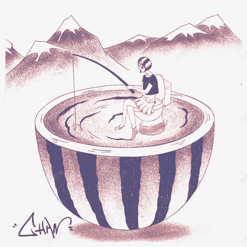 座在西瓜上钓鱼的女人插画png免抠素材_88icon https://88icon.com 创意插画 沙画效果插图 西瓜 钓鱼的女人