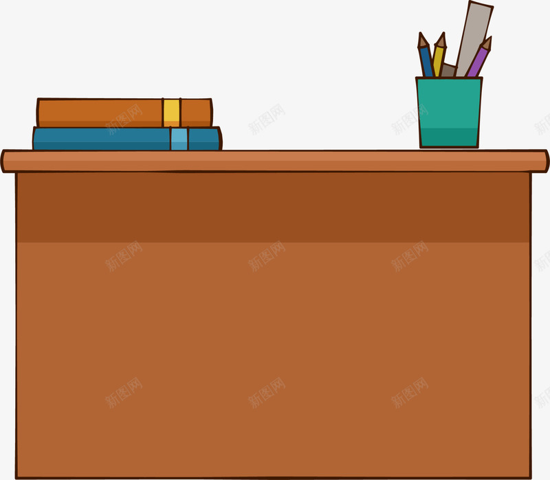 开学季卡通棕色桌子png免抠素材_88icon https://88icon.com 卡通桌子 多彩书本 开学季 棕色桌子 绿色笔筒 铅笔
