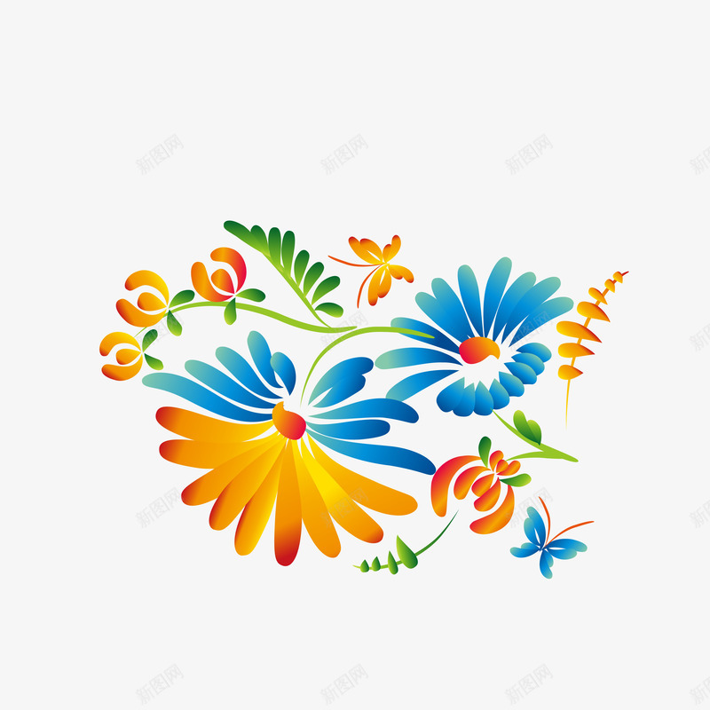 卡通渐变菊花装饰图矢量图ai免抠素材_88icon https://88icon.com 卡通的 植物 渐变的 渐变装饰图 花朵 菊花 藤蔓 蝴蝶 矢量图