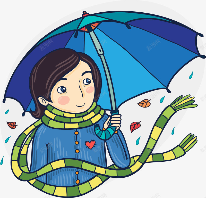 蓝色雨伞矢量图ai免抠素材_88icon https://88icon.com 下雨了 冬天 围巾 打伞的人 男孩 矢量图