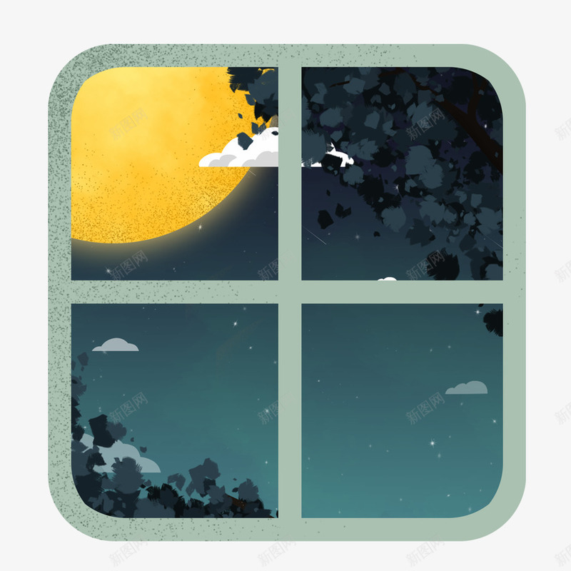 窗户月亮png免抠素材_88icon https://88icon.com 关窗 创意 卡通 手绘 方形 月亮 窗户 绿色 黄色