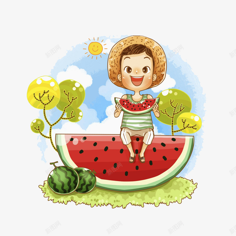坐在西瓜上的小朋友png免抠素材_88icon https://88icon.com PNG素材 太阳 男孩 西瓜