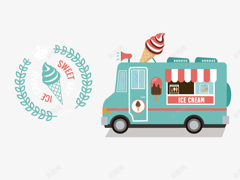 冰淇淋车矢量图ai免抠素材_88icon https://88icon.com 可爱 扁平 漂亮 矢量图