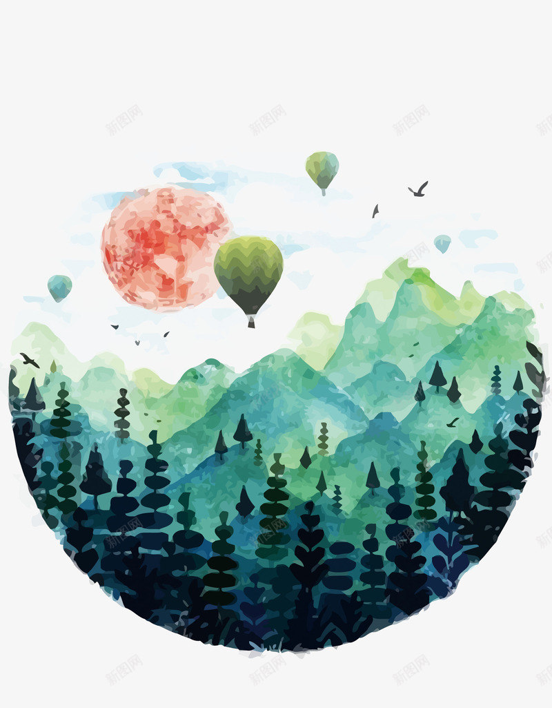 水彩风景png免抠素材_88icon https://88icon.com PNG图片 PNG图片素材 PNG素材 PNG素材免费 PNG素材免费下载 太阳 山 水彩 绿色