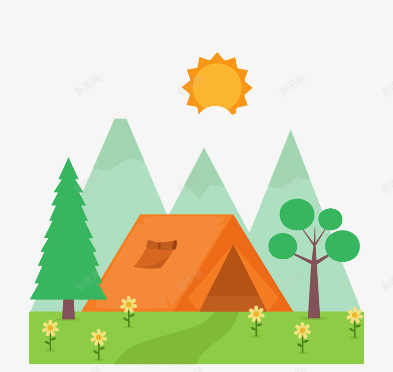手绘帐篷png免抠素材_88icon https://88icon.com 卡通 太阳 帐篷 手绘 树木 草地 野花