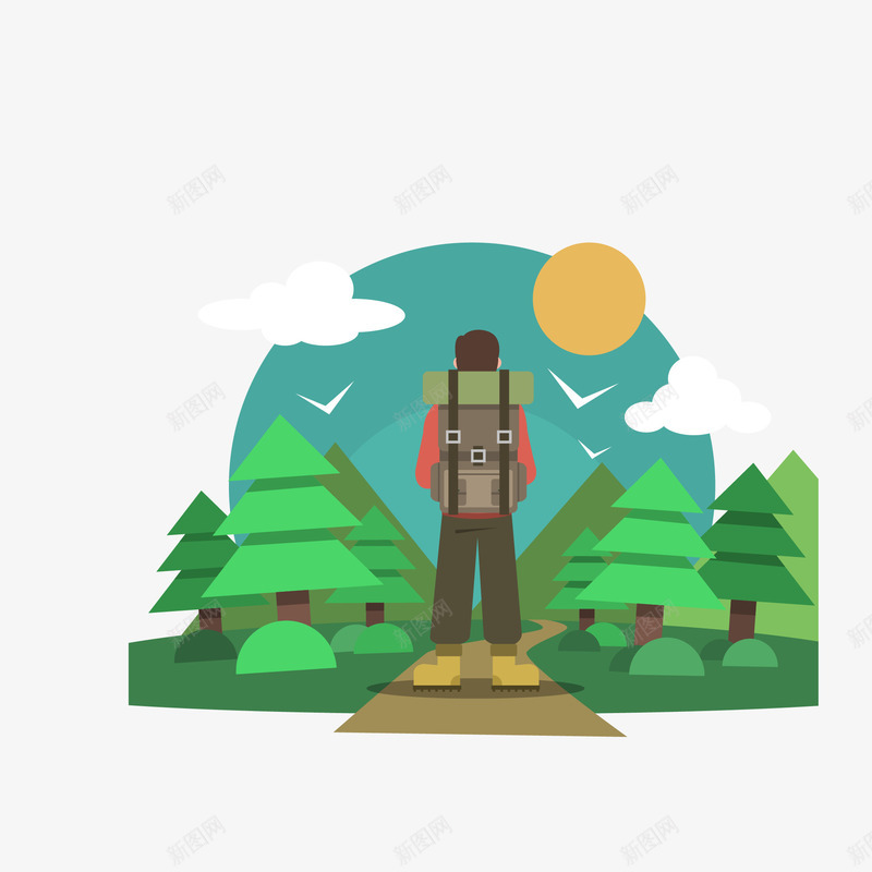 扁平旅行外出游玩png免抠素材_88icon https://88icon.com png免抠图 太阳 小河 山 户外 扁平风 手绘 旅行 森林 独自 背包