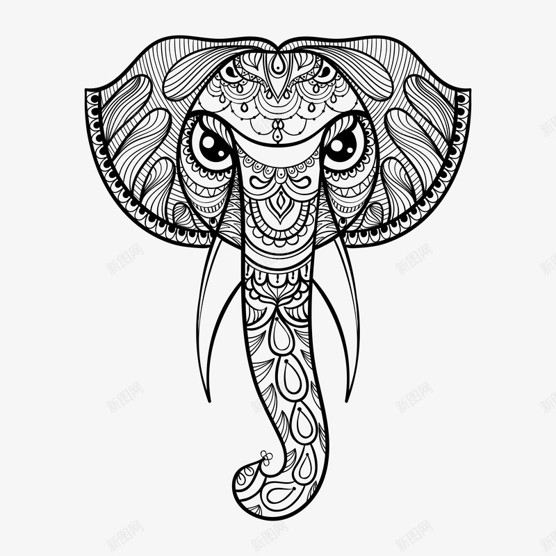 大象头部黑白图腾线稿png免抠素材_88icon https://88icon.com 动物 图腾 大象鼻子 宗教 手绘部落图腾纹样 精致 线条 线稿 美丽 迷人 部落 黑白