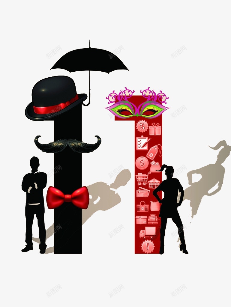 约会双十一png免抠素材_88icon https://88icon.com 光棍节 女人 男人 礼帽 雨伞 面具 领结