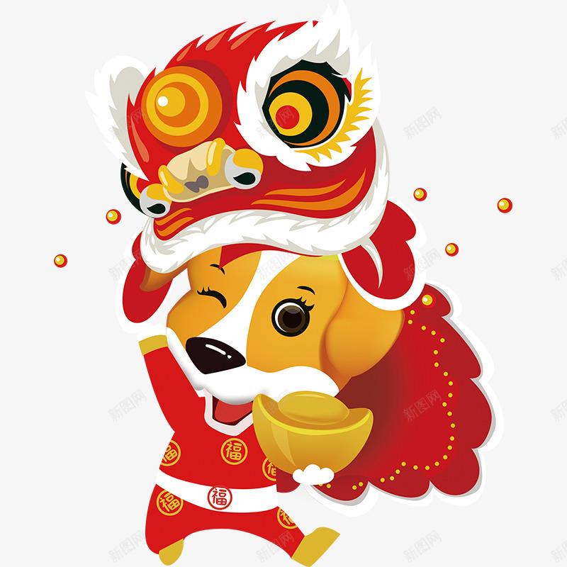 金狗舞狮节日元素psd免抠素材_88icon https://88icon.com 元宝 动物 喜庆 平面 庆祝 红色狮子 节日 金狗